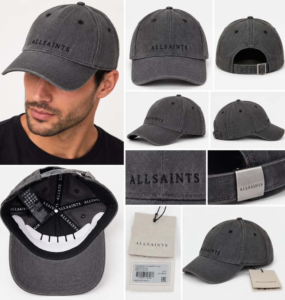 NWT AllSaints Men's Large Logo Graphic Baseball Cap Hat Adjustable Grey / Washed